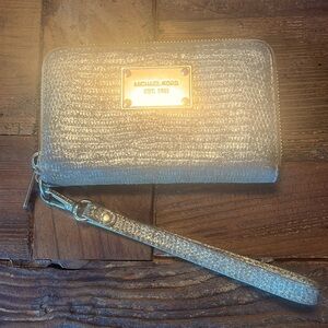 Michael Kors gold metallic snakeskin wristlet wallet, gold hardware